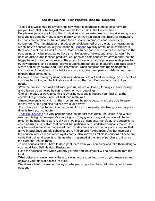 Taco Bell Coupon - Totally free Printable Taco Bell Discount codes image regarding Taco Bell Printable Coupons identify Taco Bell Coupon - Absolutely free Printable Taco Bell Discount coupons